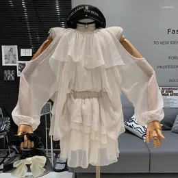 작업 드레스 여성 두 조각 세트 부드럽게 오프 어깨의 섹시한 유행의 긴 슬리브 셔츠 상단 하이 허리 A- 라인 케이크 반 치마