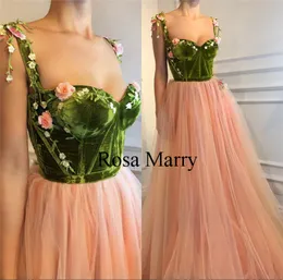 Blush Pink 3D Floral Long Prom Dresses 2020 A Line Velvet Vintage Lace Plus Size Cheap Girls Pageant Engagement Arabic Evening Par1305498