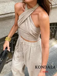 KONDALA Streetwear Khaki Linen Suits Women Sleeveless Halter Sexy Crop Tops WomenHigh Waist Wide Leg Pants Fashion Sets 240326