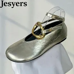 Casual Shoes Spring Autumn äkta läder Ankle Strap Flat Loafers Women Round Toe Metal Ring Decor grunt Mouth Vaning Walking