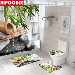 Duş Perdeleri Zen Taş Bambu Yaprak Perde Seti Dayanıklı Slip Olmayan Halı Banyo Paspasları Akan Su Desen Banyo Tuvalet Kapağı