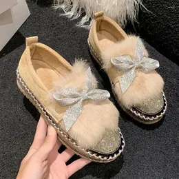 Casual Shoes Crystal Bow Fur Women Platform Flats Luxury Bling 2024 Winter Fashion Warm For Trend Plush Party Snow Boots
