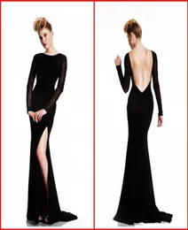 Abiti da sera a maniche lunghe sexy senza schienale Bateau Sheer perline Black High Slot Fit Fit Mermaid Maxi Sweep Treno Abito Formale Gow7125905