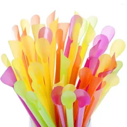 Disposable Cups Straws 100pcs Plastic Scoop Flat Mouth Straight Tube Straw For Drink Sand Ice Dessert Cake One-time Kitchenware