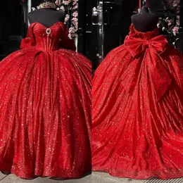 Atemberaubende rote Prinzessin Quinceanera Kleider funkelndes Prom -Ball -Kleid von Schulter Glitter Pailletten Diamond Vestido de Quinceanera Bogen 15 Masquerade Kleid
