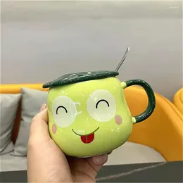 Mugs 380ml Big Eyes Frog Shape Ceramic Cup Mark Cartoon Super Cute Little Animal Children Milk Breakfast Coffee With Cover Spoon