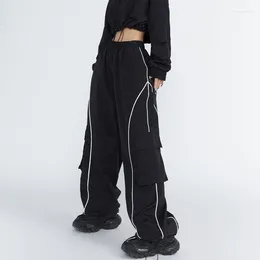 Calça feminina estilo retro de grande cintura de bolso preto macacão para a tendência casual de esportes de dança de hip-hop de rua com