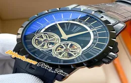 Lüks Yeni Excalibur 46 RDDBEX0280 Çift Tourbillon Otomatik Erkekler İzle PVD Siyah Çelik Kılıf Siyah Dial Deri Kayışı Saatler PU2671070