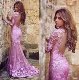 Evening Dresses 2018 Cheap Arabic Lilac Purple Jewel Neck Long Sleeves Lace Mermaid Sheer Illusion Long Party Dress Open Back Prom5694927