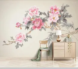 壁紙Papel de Parede Chinese Ink and Red Peony Decorative Wallpaper Mural Living Room TV Wall Bedroom Papers Home Decor