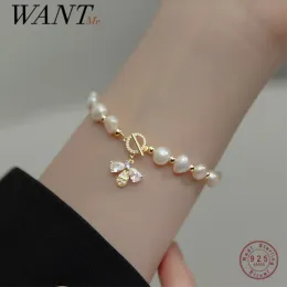 Bangles Wantme Sterling Sier Natural Baroque Pearl Zircon Bee Bracelet For Women Элегантный свадеб