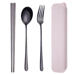 Flatvaruuppsättningar 4st School Travel Rostfritt stål Chopstick Spoon Fork Studenter Anti-Slip Gifts Home Cotlery Set Office Outdoor Camping