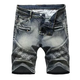 Estreto de verão jeans curto jeans homens bordados buracos de três cor masculino cowboy shorts casuais zíper decoração retro multiplock 240328