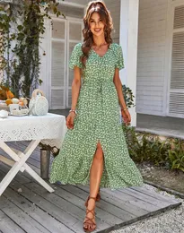 Ladies Vintage długi kwiatowy nadruk letnia sukienka kobiety luźne swobodne guziki bohemian plażowa szacie szata vestidos żeńska 240329