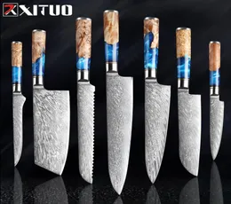 XITUO Kitchen KnivesSet Damascus Steel VG10 Chef Knife Cleaver Paring Bread Knife Blue Resin and Color Wood Handle Cooking Tool4059426