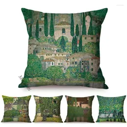 Kissen berühmter Maler Gustav Klimt Blumengras Bauernhaus Vintage ländliche Landschaft Ölmalerei Dekorative Kissen Hülle Sofa Abdeckung