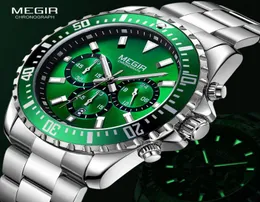 Megir Mens Chronograph Quartz zegarki ze stali nierdzewnej Wodoodporna Analogous Analogous 24 -Hour WristWatch for Man Green Dial 2064G9G5693005