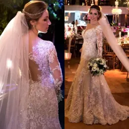 Vestidos Arábia Dubai Pérolas Minchas Vestidos de noiva Appliques de renda de cristal brilhante vestidos de noiva de manga longa 2018 Vintage Vneck sereia Wedd