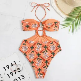 Mit Kleid Slim Beachwear Blumendruck Frauen Intimaten hängende Nacken BH Frauen Badeanzug Schwimmanzug Kostüm