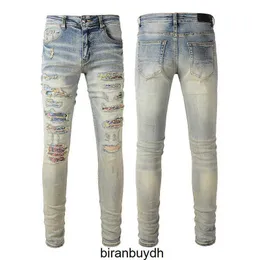 Высококачественные Am Slim Fit Designer Street Hole Patch Jeans Jeans Elastic Fit Leggings #876