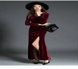 Burgundy Velvet Elbiseler Partisi Akşam Seksi Yan Yarık Uzun Kollu Balo Elbise Ayak Bileği Uzunluğu Artı Boyutu Resmi Gowns7984247