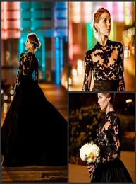 Vintage High Neck Black Wedding Dresses Long Sleeve Spets Tulle Taffeta Aline Gothic Style Sweep Train Brudklänningar Anpassade Made1540591