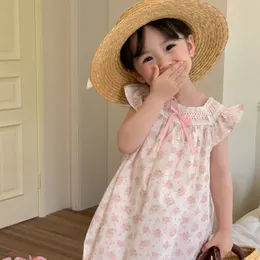 Summer Infant Babys Girl Dress Korean Fly Sleeve Lace Collar Knotbow Belle Petal Floral Print Toddler 240322