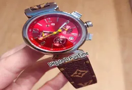 New Q13250 Steel Case Red Dial Japan Quartz Chronograph Womens Watch Brown Leather Strap Lady Ladies Watches Stopwatch Puretime F01513710