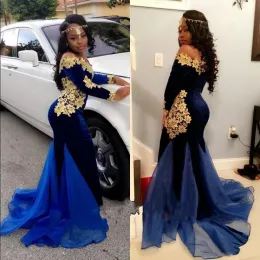 Dresses Dark Royal Blue And Gold Applique Prom Dresses Africa Off Shoulder Long Sleeves Evening Dresses Special Design Mermaid Tail Party