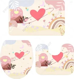 Badmatten Badezimmer Teppich Set 3 Stück Valentinstag Liebe Nicht-Schlupf-Backing-Matte Beige Herzen Boho Anti-Skid U-Form Contoured