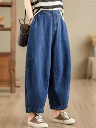 Frauenhose Retro -Jeans für Frauen 2024 Sommer Elastizität Taille Wide Beine lose verkürzte Radieschen Casual Jeanshose K506