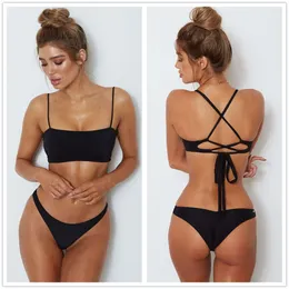 INS New Bikini Sexy Solid Color Womens Swimwear Split Cross Strap Bra Swimwear