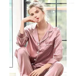 Ev Giyim Korece Ins Style Katı Simüle İpek Pijamalar Kadınlar İçin 2024 İki Parça Set Ev Giysesi Bahar Sonbahar Moda Günlük Sktarmat