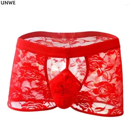 Underpants ungeweh sexy Boxer Spitzen Männer hohl aus dem nahtlosen männlichen Höschen Seide transparent Nylon Nachtwäsche Gay Erotic Wear