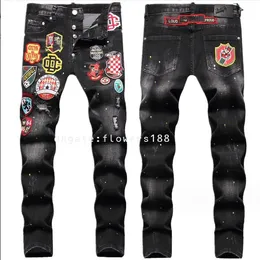 D Second Square Red Men's Jeans European American Italian Men Men Street Ware Ware Badge Badgered Stretch Hole Slim Fit Straight Leg Gens Men