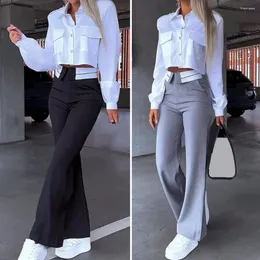 Women's Two Piece Pants 2 Pcs/Set Women Top Suit Single-breasted Lapel Long Sleeve High Waist Straight Lady Shirt Trousers Set