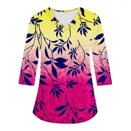여자 T 셔츠 세련된 V- 넥 3/4 슬리브 작업 의류 주머니 인쇄 느슨한 탑 패션 여성 티셔츠 2024 숙녀