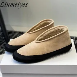 Casual Shoes Winter Kid Suede Flat Loafers Women Round Toe Slip-On Wool Warm Female Outdoors Leisure Walking Plush Boots Woman