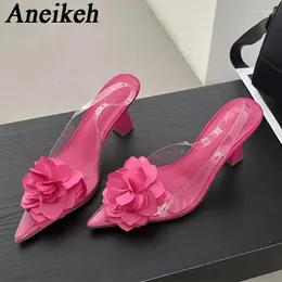 Kleiderschuhe Aneikeh Fashion 2024 Sommer transparent PVC Spitze Slingbacks High Heels Frauen Seidenblume dekorative Single Party