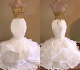 2016 Sexig sjöjungfru White and Gold Prom Dresses Spaghetti Strap Lace Ruffles Backless Long African Prom Dress for Examintion OR7724829