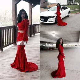 Dresses Shiny Red Full Lace Two Pieces Party Dresses Evening Wear Sequins Beads Long Sleeves Mermaid Prom Dresses Long Formal Homecoming D