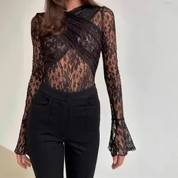 Autumn Inses Lace Mesh Girl ligeiramente transparente com moda slim sexy com mangas compridas e mangas compridas roupas femininas clube vestidos 240320