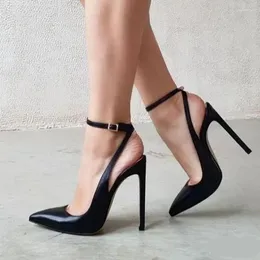 Dress Shoes Ankle Strap Pointed Toe Women Slingback Pumps Black Matte Leather Hollow Stiletto High Heels Sandals 12CM Size 46