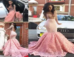 South African Pink Long Sleeve Prom Dresses Sexy See Through Sheer Neckline Mermaid Evening Gowns Open Back Formal Vestidos Party 4290365