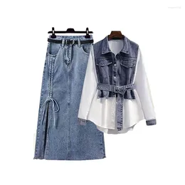 Vestidos de trabalho primavera verão solta duas peças para mulheres de manga comprida blusa alta saia jeans de duas peças fêmea de jeans