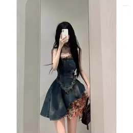 Casual Dresses Women Denim Strapless Dress Vintage Korean Harajuku Off Shoulder A-line Patchwork Floral Print One Piece Party Club