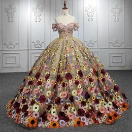 2024 Champagne Quinceanera brall ball ثوب 3D زهور الزهور من الدانتيل حبات Tull Sweet 16 Princess Dresse Vestidos de 15 anos lace-up