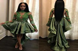 African Olive Green Black Girls High Low Homecoming Dresses 2020 Sexig Se genom Appliques Sequin Sheer Long Hleeves Evening Gow1345209