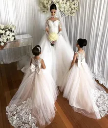 Tasarımcı Kids039 Elbiseler Dantel Tül Çiçek Kız Elbiseler Büyük Yay Sash İlk Cemaat Gowns3634426