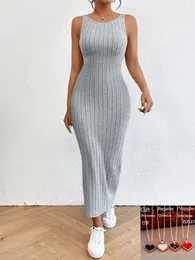 2024 Summer Backless Knit Bodycon Long Dress Elegant Sleeveless O Neck Tank Street Vacation Beach Casual Sundress 240327